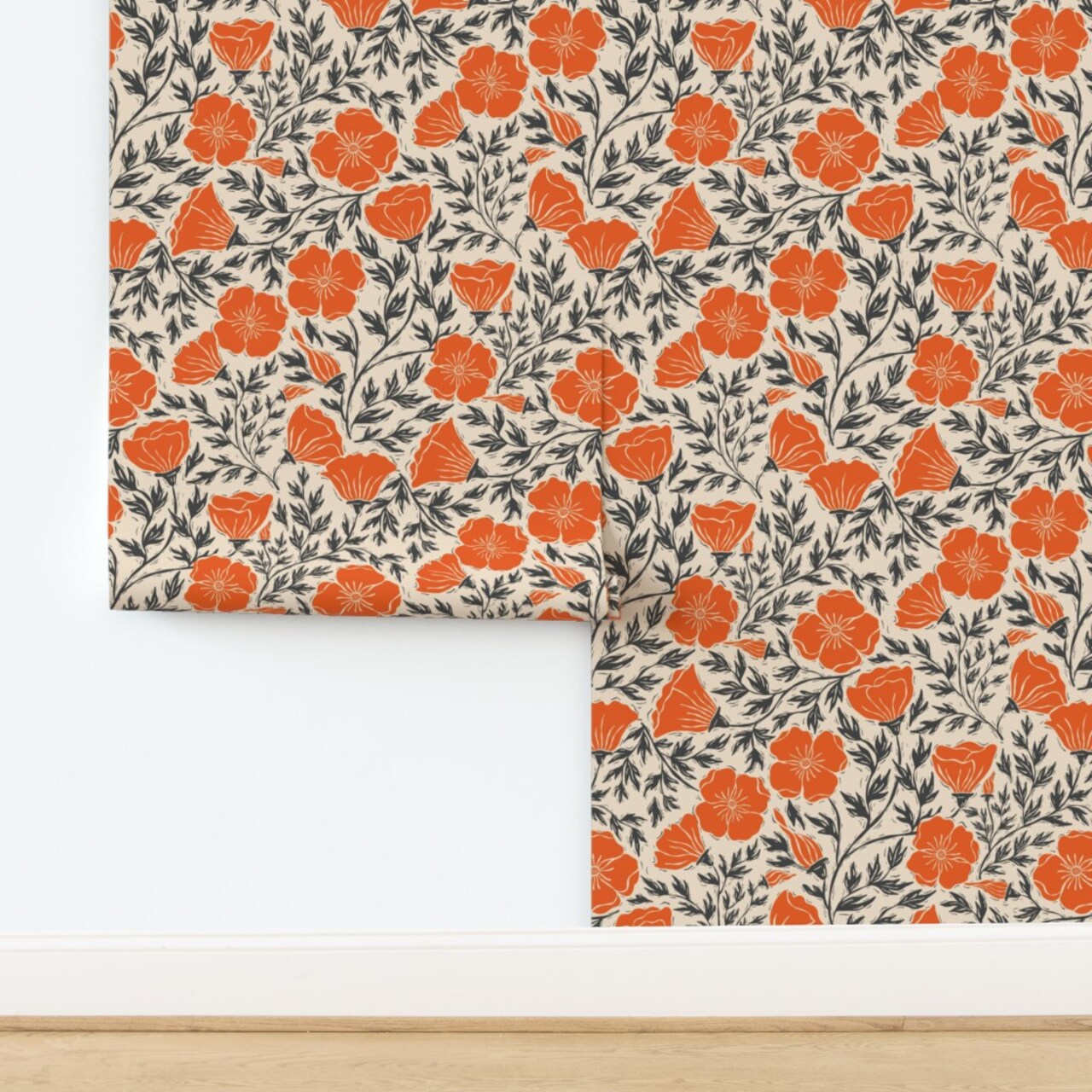 Orange Floral Block Print Summer Poppies Retro Linocut Bold Black Botanical Modern Flowers Custom Pre-pasted Wallpaper by Spoonflower Pre-Pasted Wallpaper 2FT Wide
